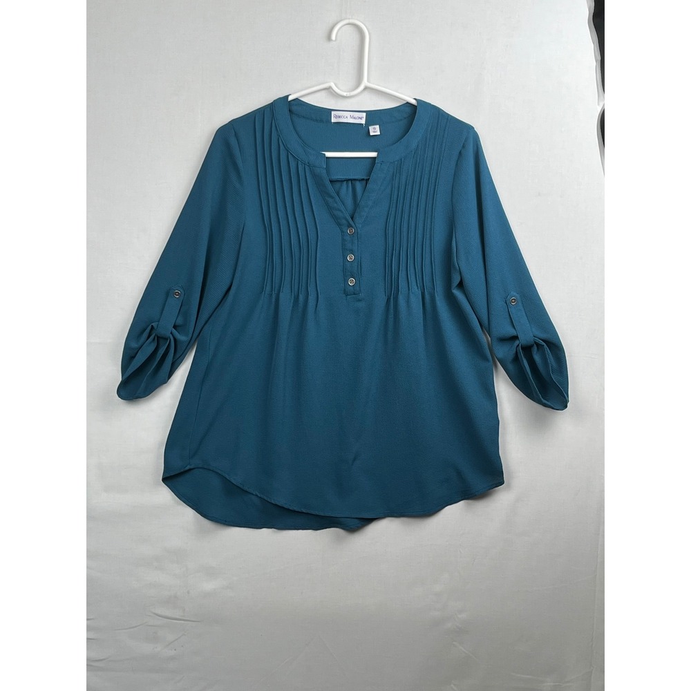 Rebecca Malone Pintuck Pleated Roll Tab Sleeve‎ Blouse Small Teal Blue Henley